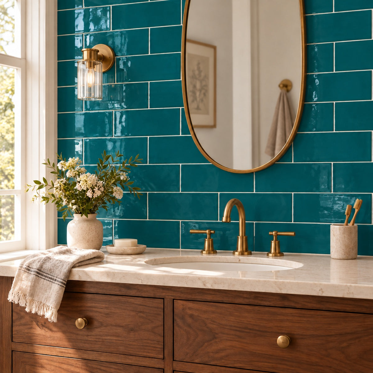 Chanelle Peacock Green 4x10 glossy ceramic tile bathroom wall — room visualization