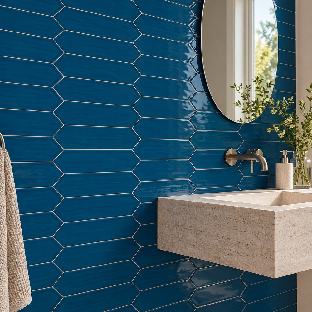 Chanelle Sapphire Blue 3x12 Picket Glossy Ceramic Tile room scene