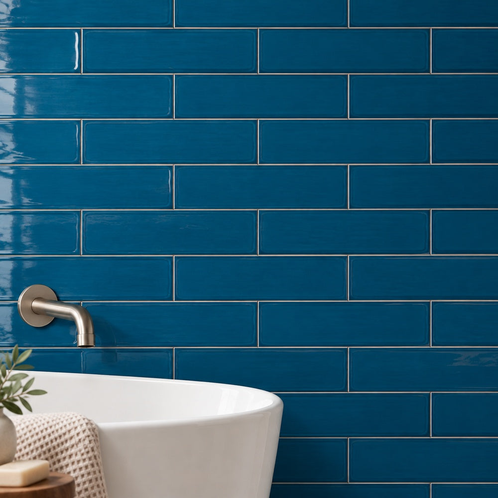 Chanelle Sapphire Blue 4x16 Glossy Ceramic Tile room scene