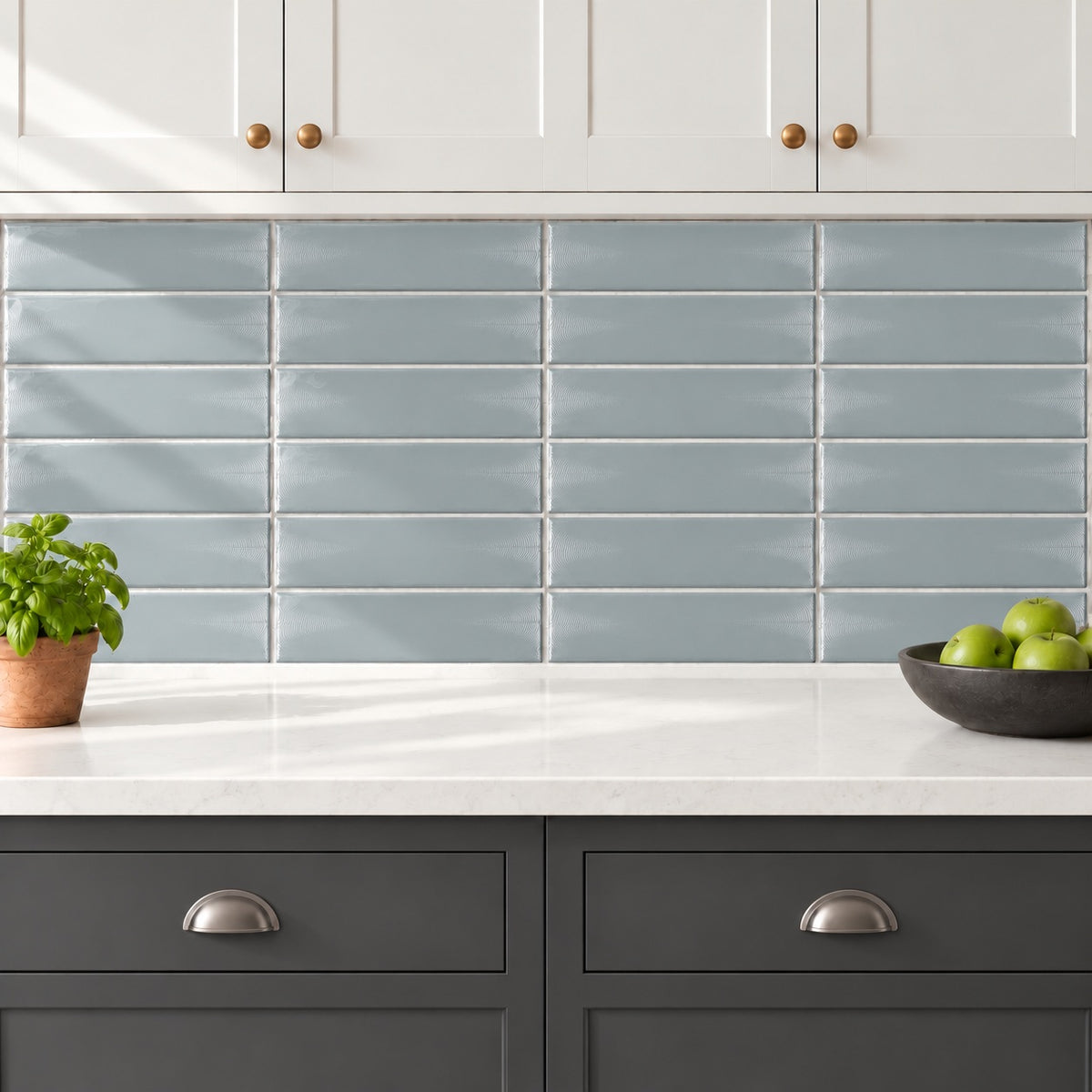 Creston Mist 3x12 Bright Glossy Ceramic Tile — kitchen visualization with fine curved surface texture