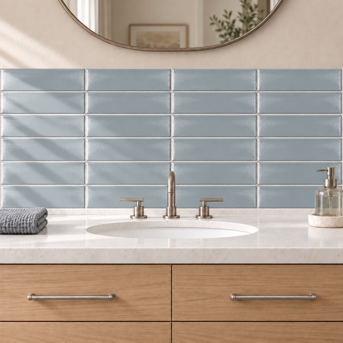 Creston Mist 3x12 Bright Glossy Ceramic Tile — bathroom visualization with fine curved surface texture