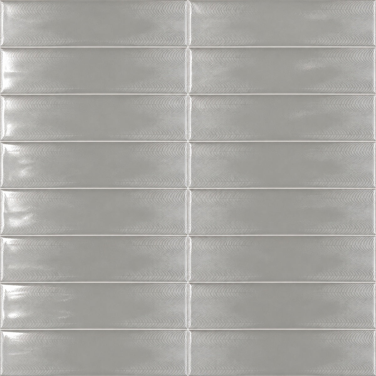 Creston Neu Gray 3x12 Bright Glossy Ceramic Tile — installed tile detail visualization with fine curved surface texture