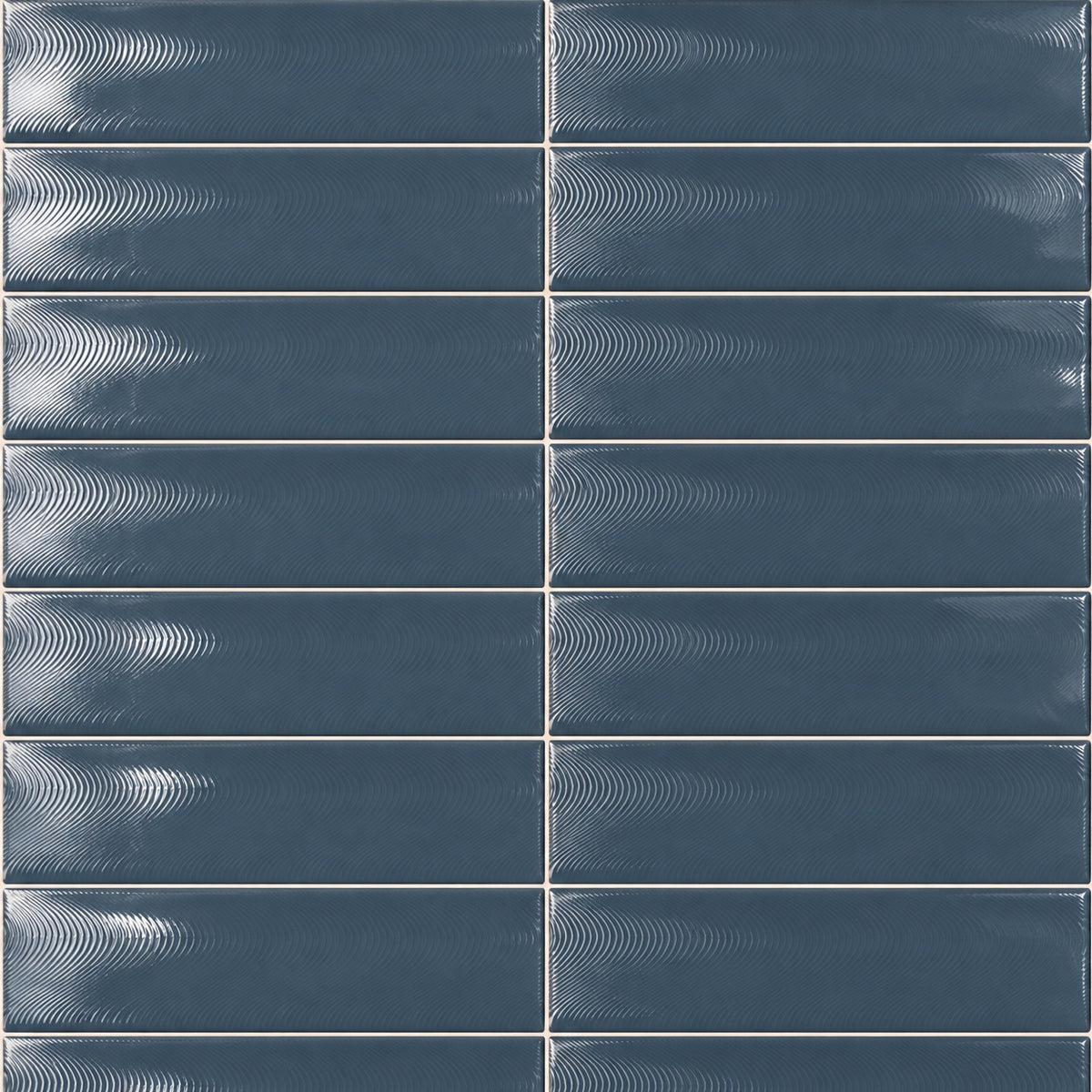Creston Petrol 3x12 Bright Glossy Ceramic Tile — installed tile detail visualization with fine curved surface texture