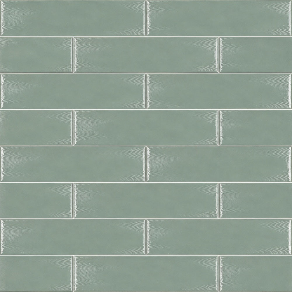 Creston Sage Green 3x12 Bright Glossy Ceramic Tile installed tile close-up