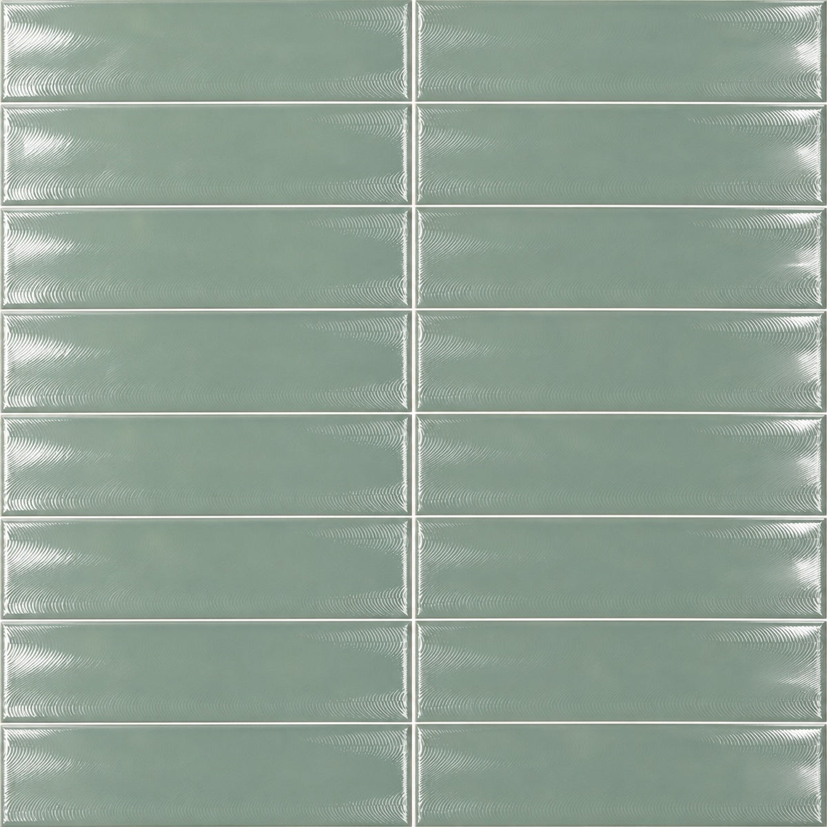 Creston Sage Green 3x12 Bright Glossy Ceramic Tile — installed tile detail visualization with fine curved surface texture
