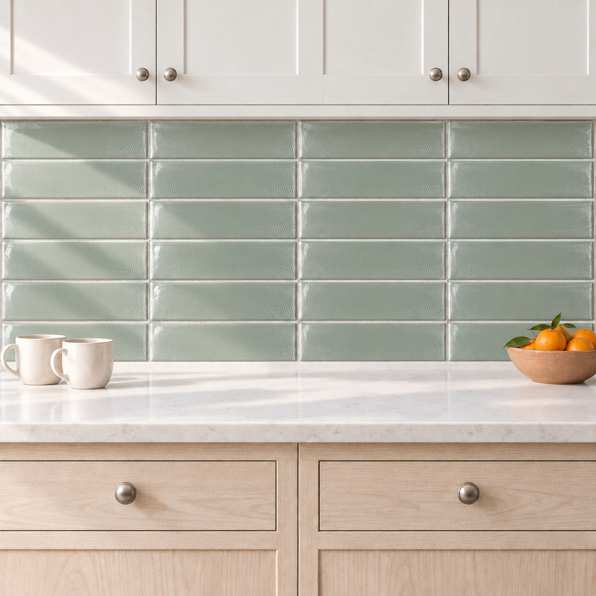 Creston Sage Green 3x12 Bright Glossy Ceramic Tile — kitchen visualization with fine curved surface texture