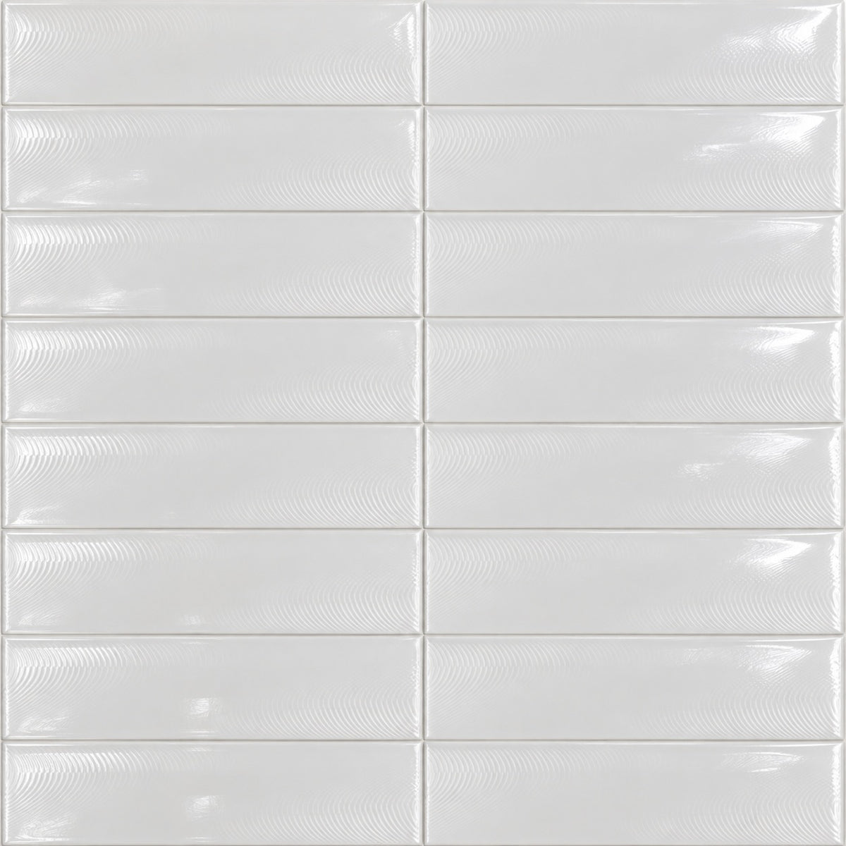 Creston White Ice 3x12 Bright Glossy Ceramic Tile — installed tile detail visualization with fine curved surface texture