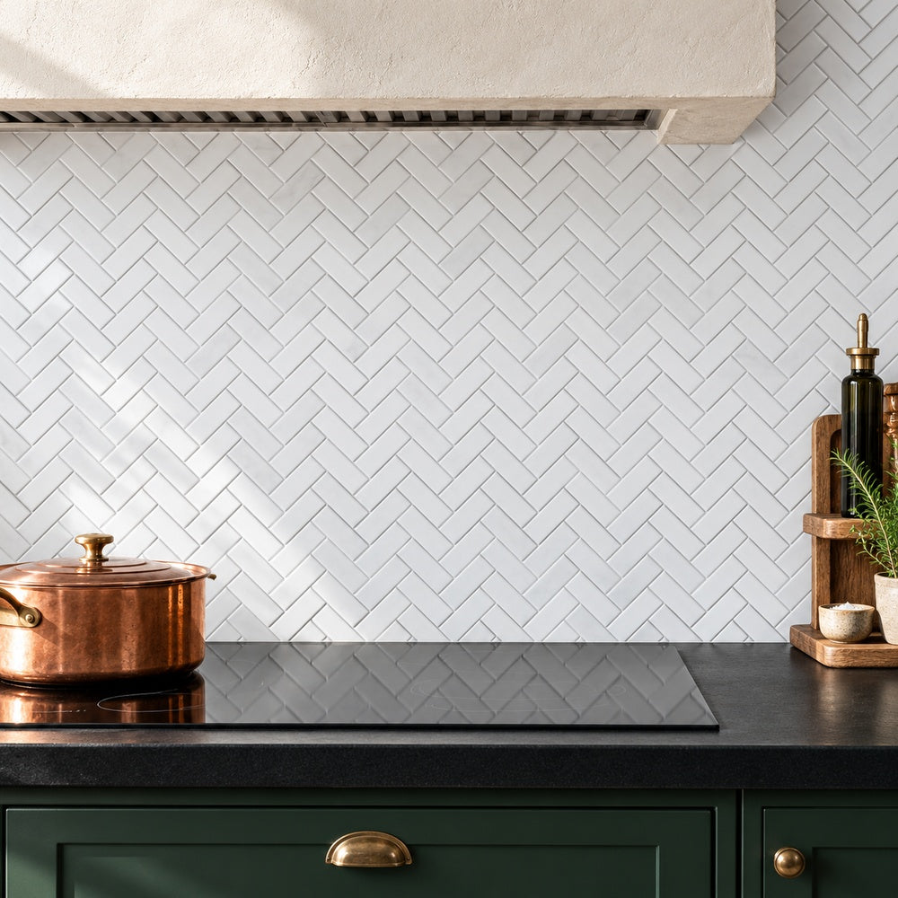 Tesserae Dolomite Polished 12x12.75 Mosaic Tile installed room scene