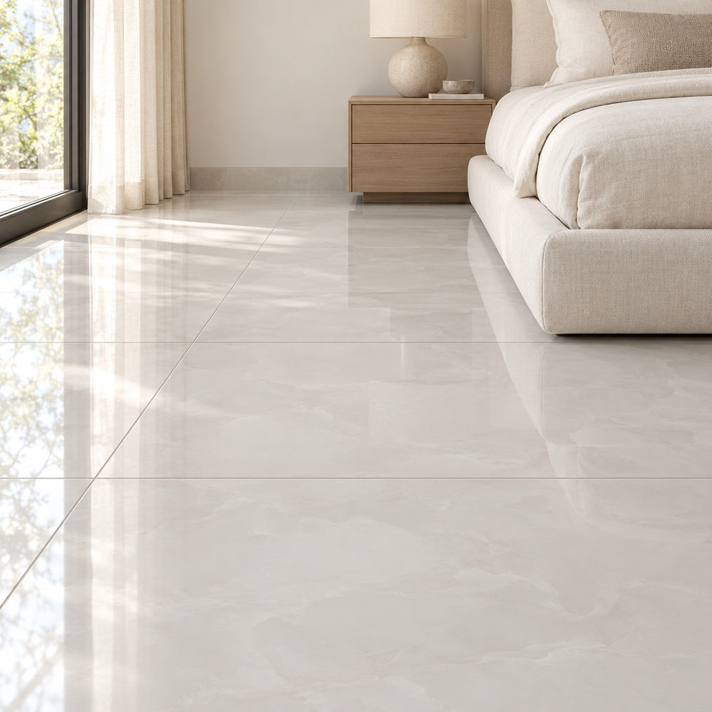 Eterna Bianco Onyx 24x48 Glossy Porcelain Tile — generated installation scene