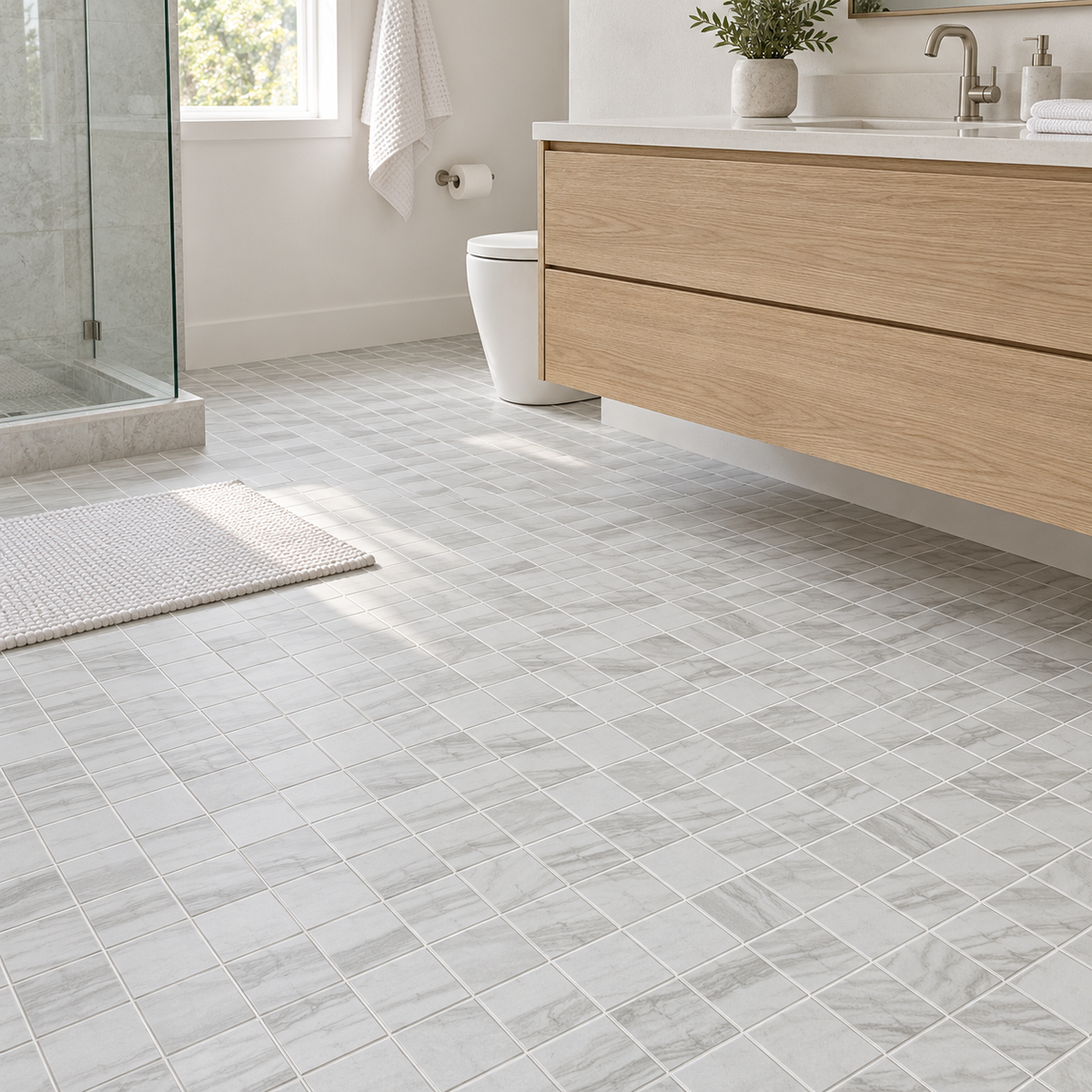 Flamen Blanco 2x2 matte porcelain mosaic bathroom floor — AI-generated visualization; see original supplier image for reference.