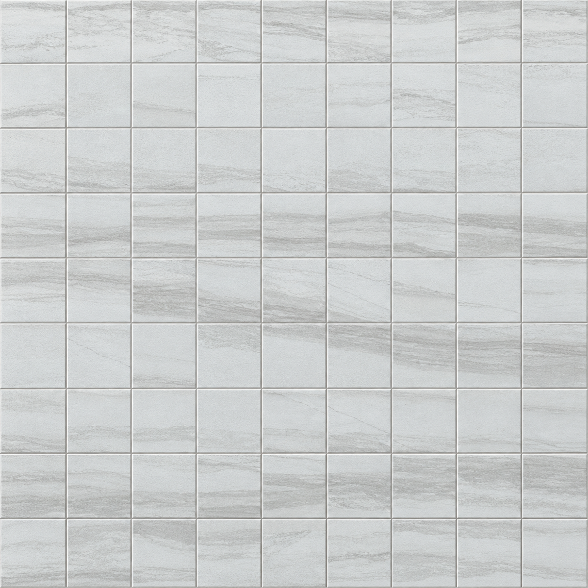 Flamen Blanco 2x2 matte porcelain mosaic installed detail — AI-generated visualization; see original supplier image for reference.