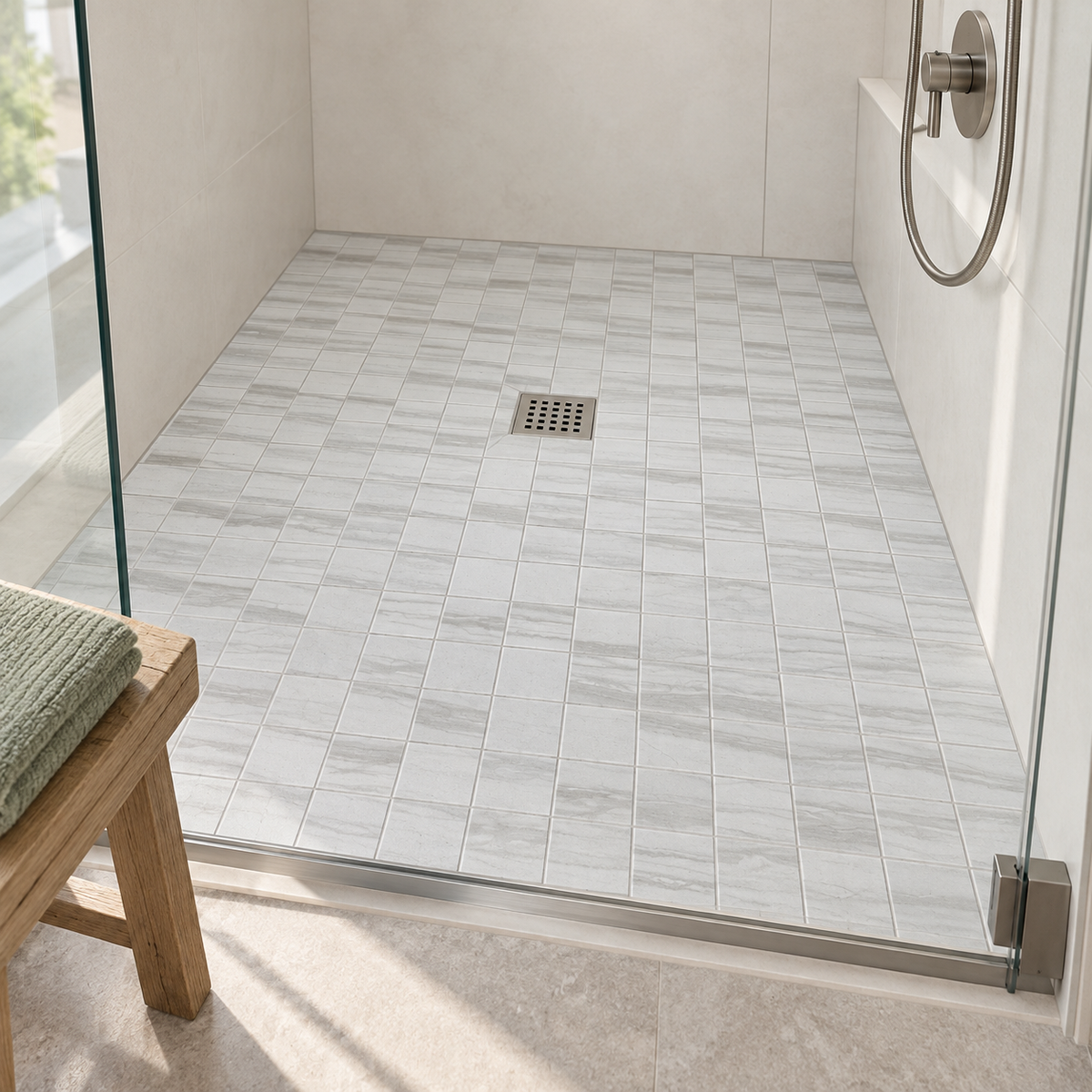 Flamen Blanco 2x2 matte porcelain mosaic shower floor — AI-generated visualization; see original supplier image for reference.