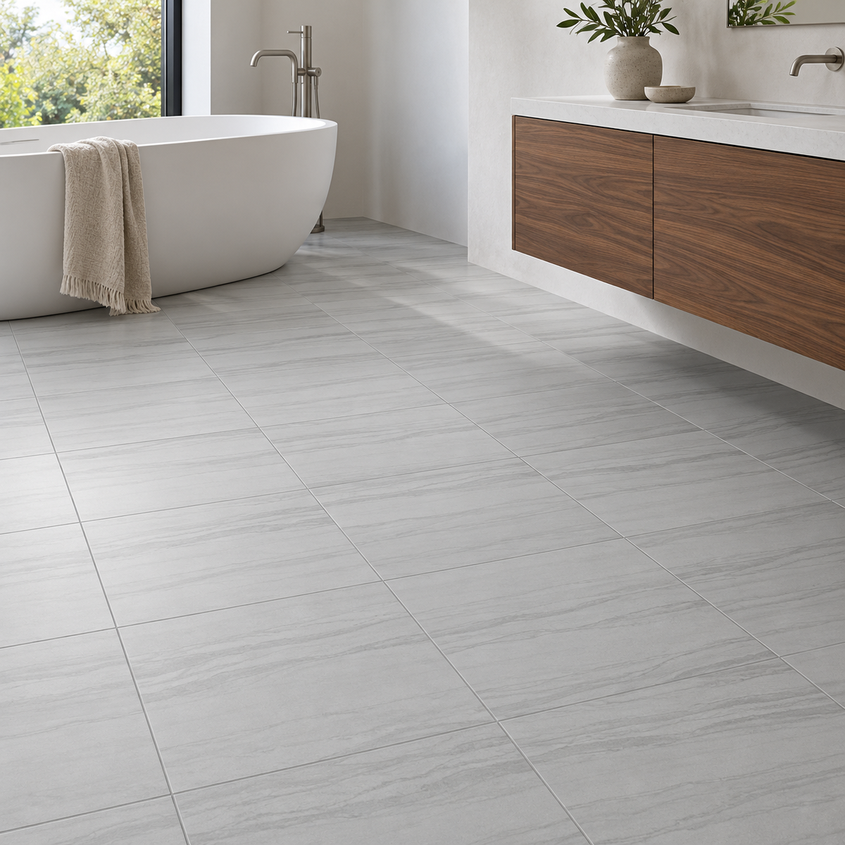 Flamen Gris 12x24 matte porcelain bathroom floor — AI-generated installation visualization.