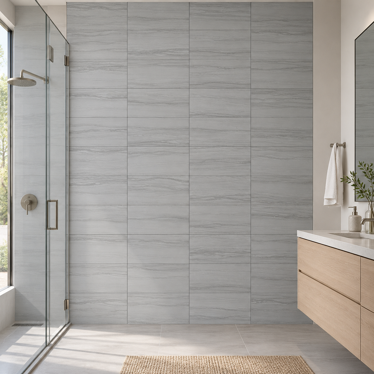 Flamen Gris 12x24 matte porcelain bathroom wall — AI-generated installation visualization.