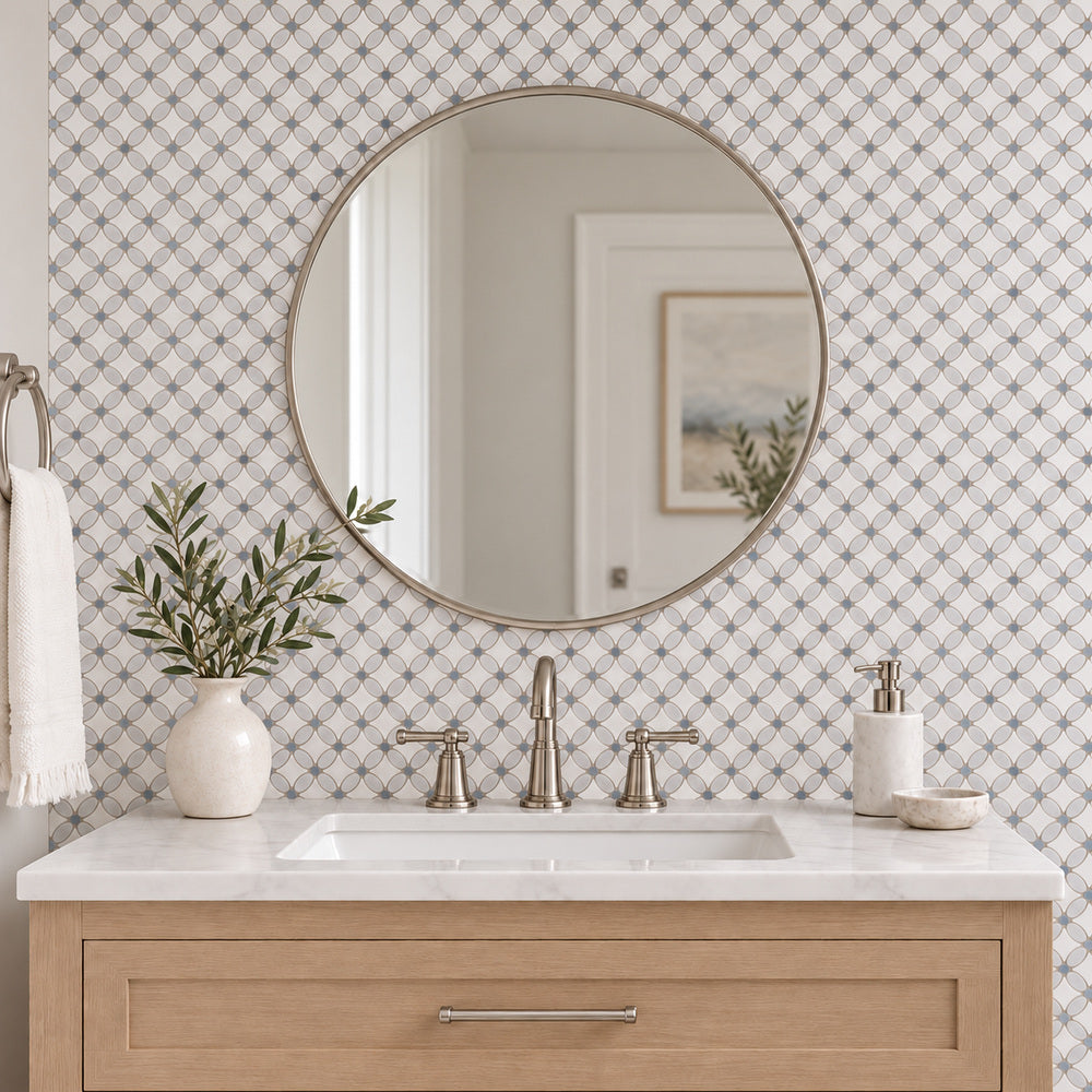 Florita Thassos + Carrara + Blue 12x12 Polished/Honed Marble Tile room scene