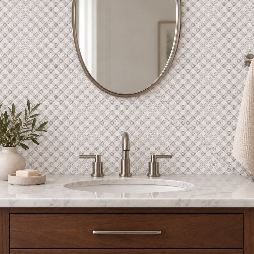 Florita Thassos + Carrara + Green 12x12 Polished/Honed Marble Tile room scene
