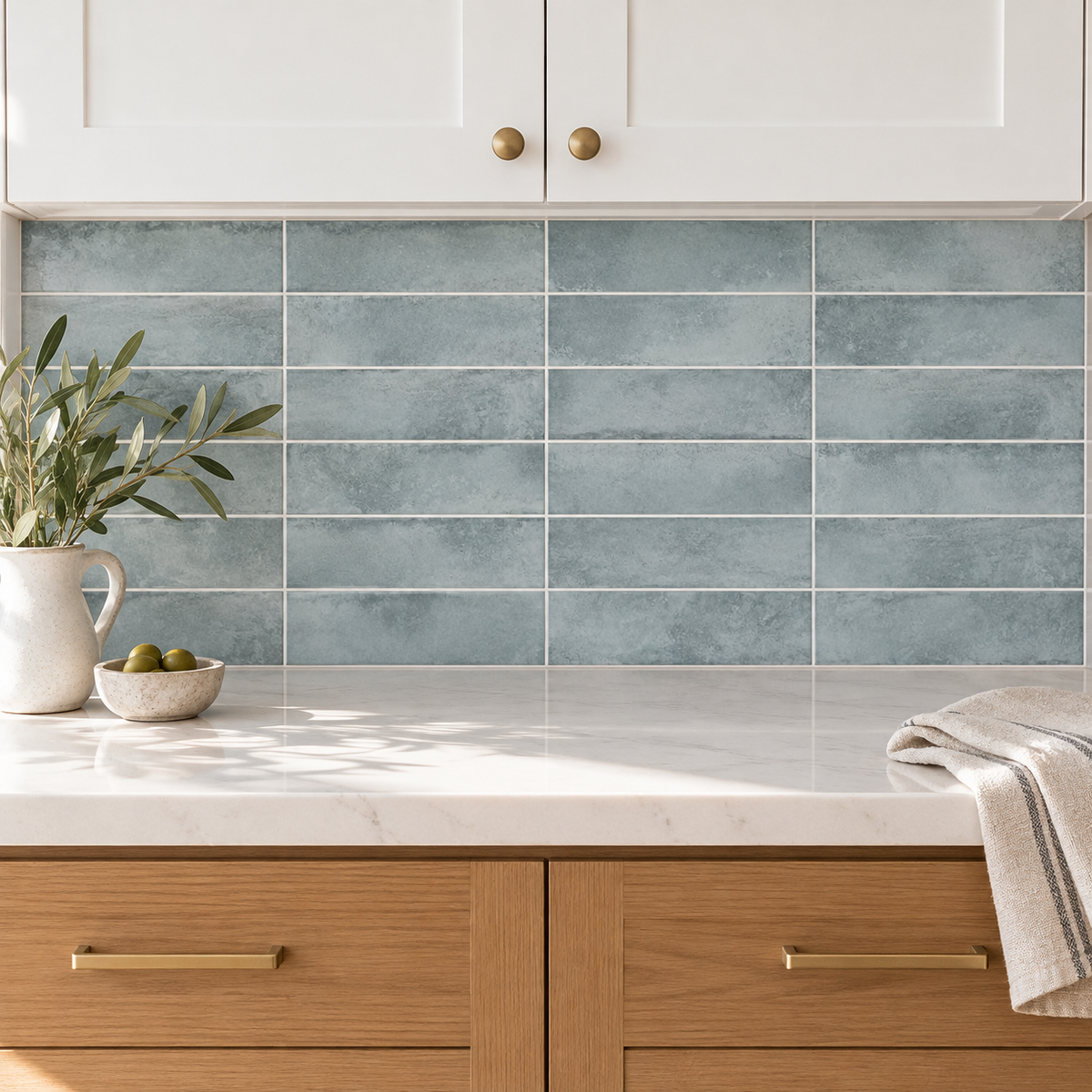 Genesis aqua 3x12 glossy ceramic tile — kitchen installation visualization