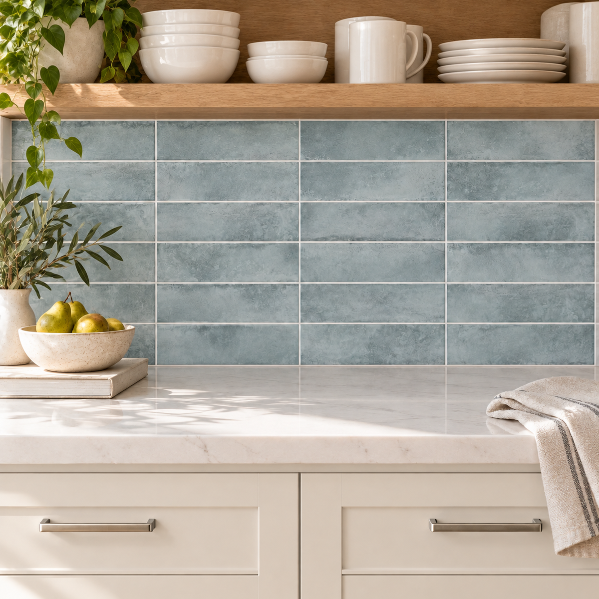Genesis aqua 3x12 glossy ceramic tile — kitchen installation visualization