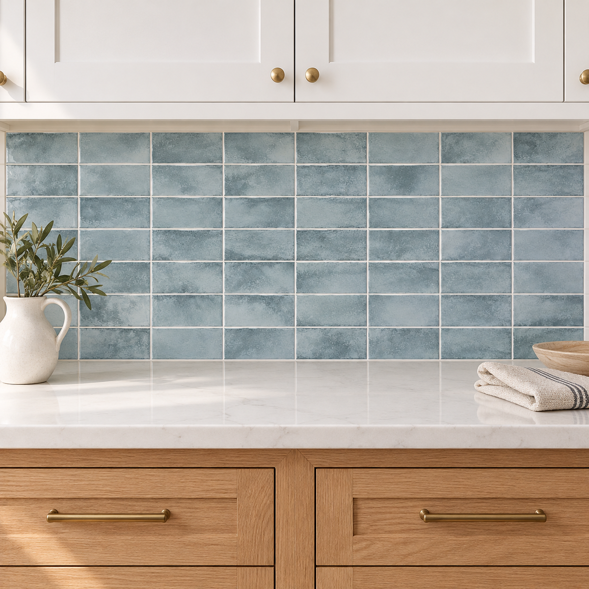 Genesis aqua 3x6 ceramic tile — kitchen installation visualization