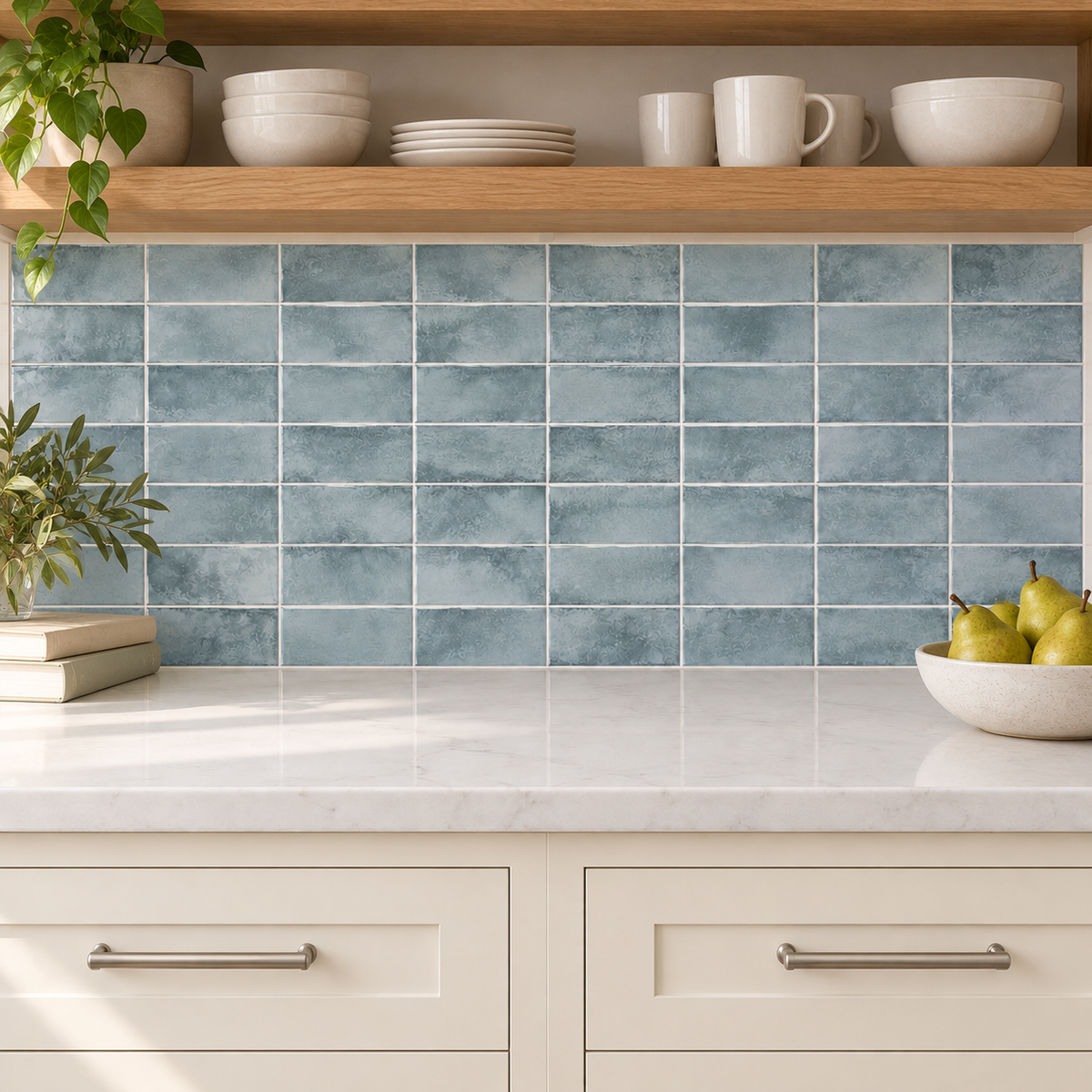 Genesis aqua 3x6 ceramic tile — kitchen installation visualization