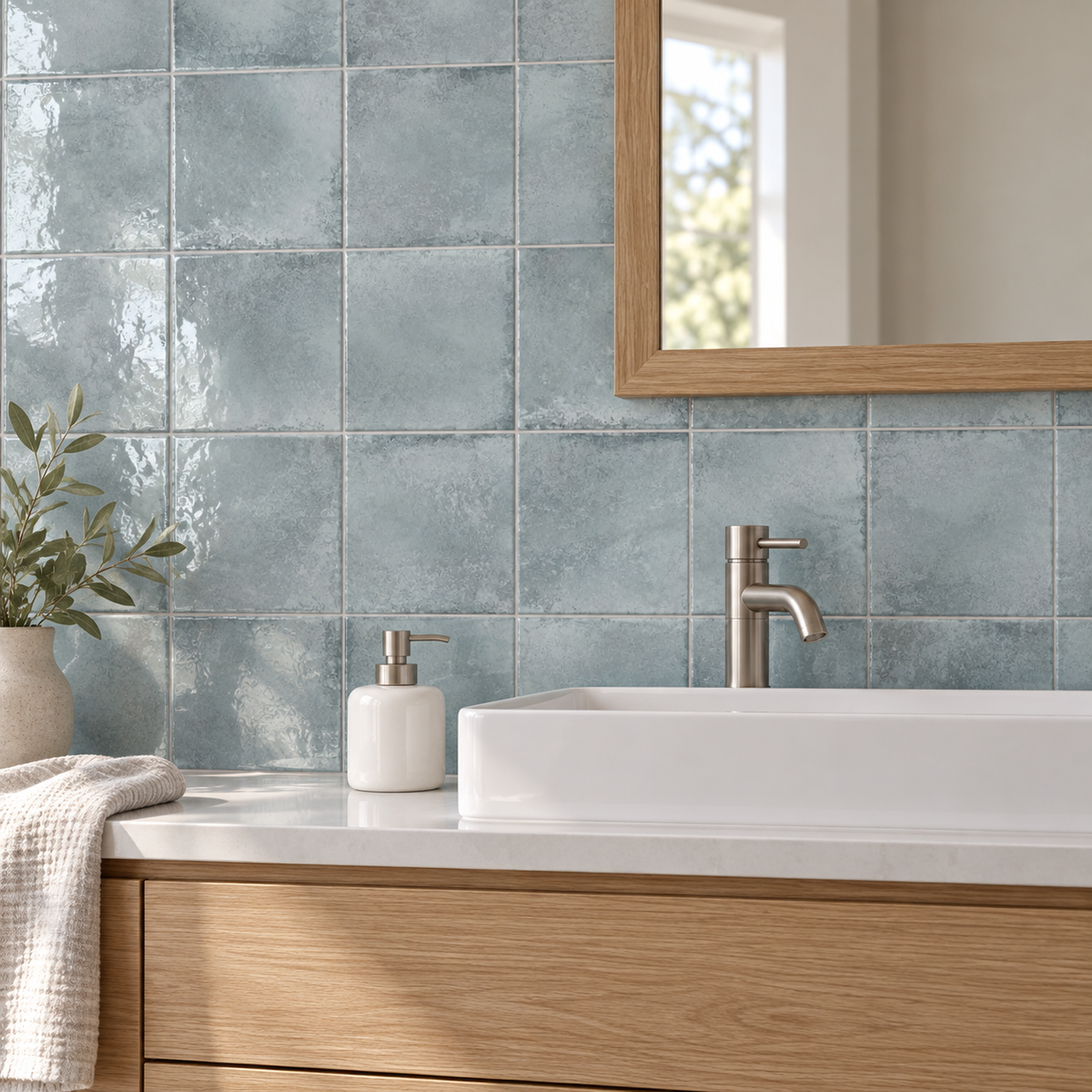 Genesis aqua 4x4 glossy ceramic wall tile — AI-generated bathroom visualization
