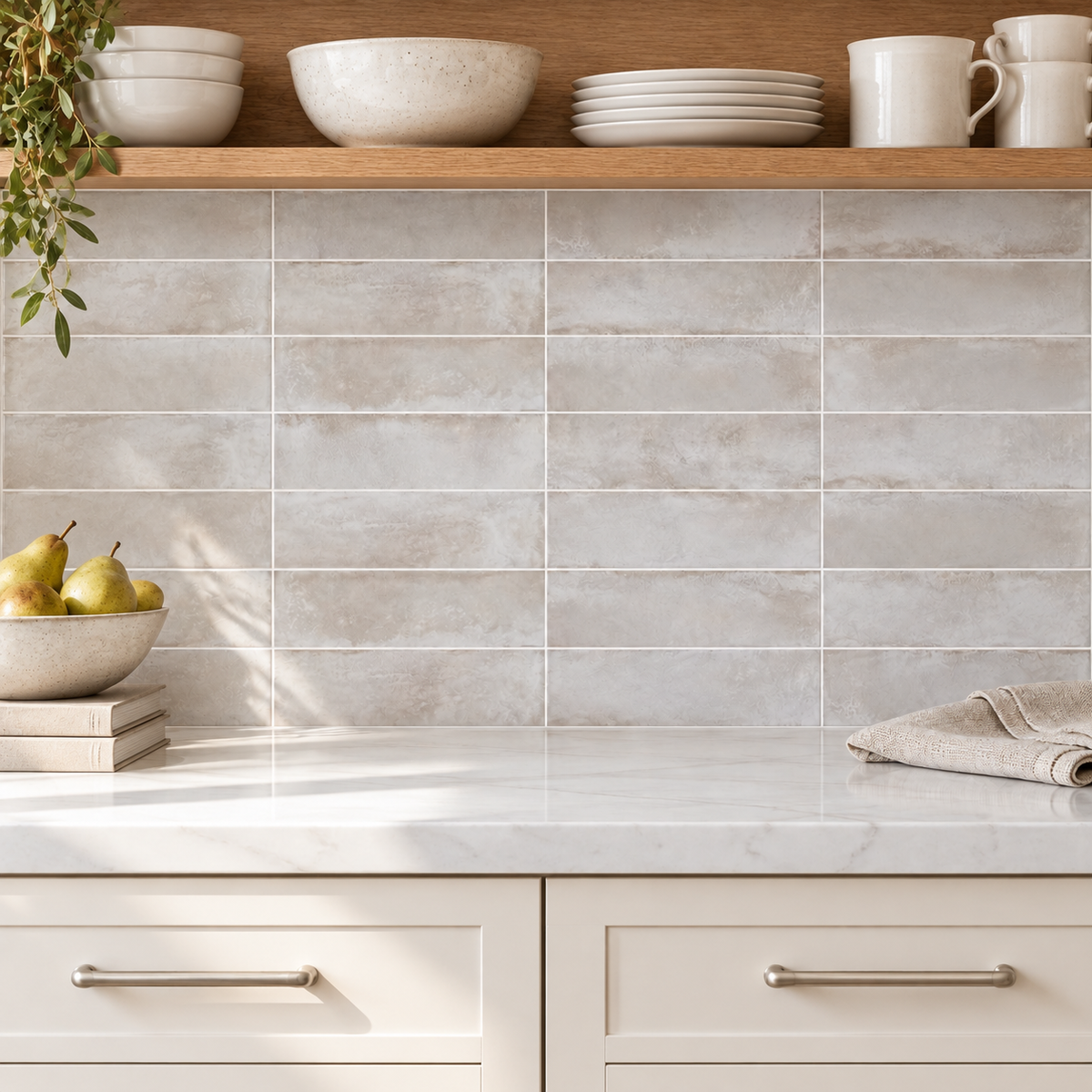 Genesis cloud 3x12 glossy ceramic tile — kitchen installation visualization