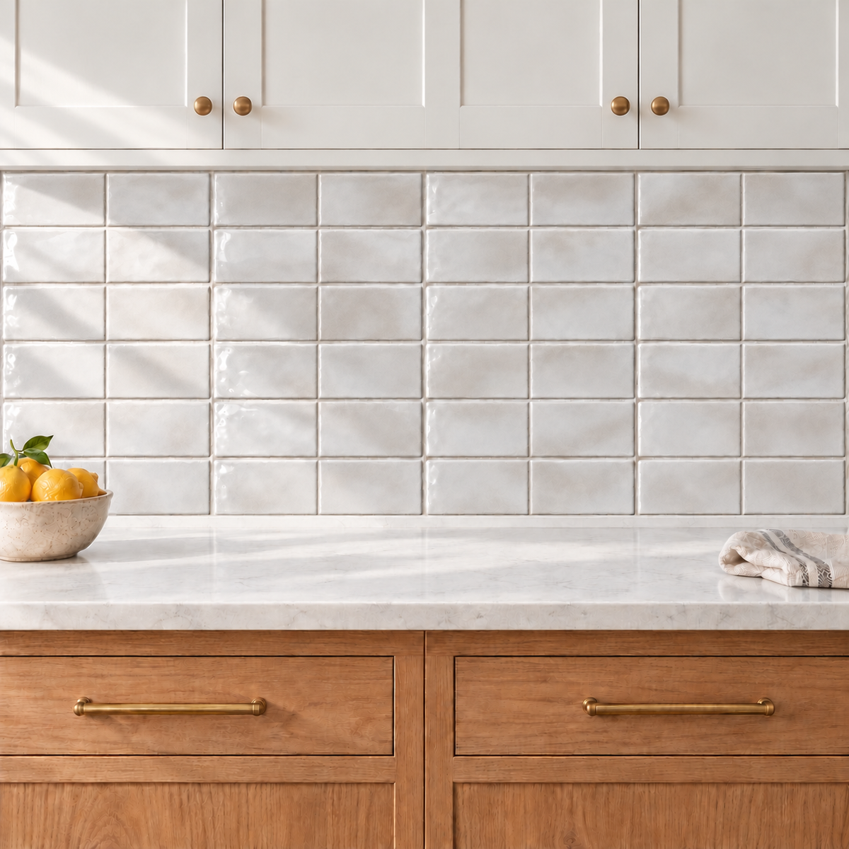 Genesis Cloud 3x6 glossy ceramic wall tile — AI-generated kitchen visualization