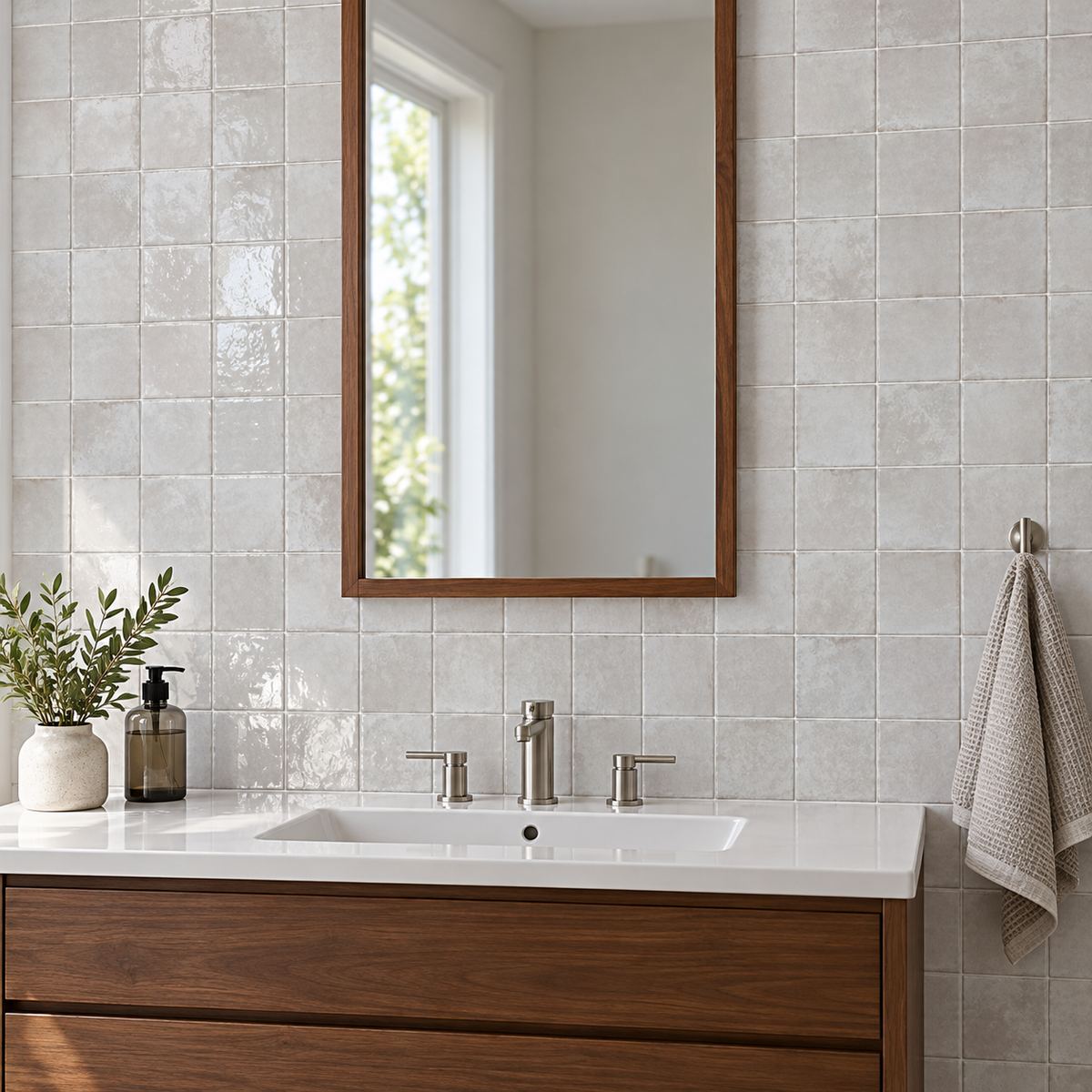 Genesis Cloud 4x4 glossy ceramic wall tile — AI-generated bathroom visualization