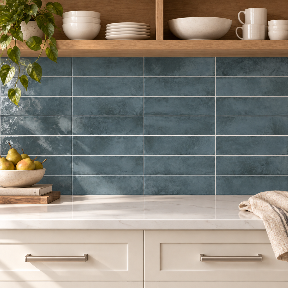 Genesis marine 3x12 glossy ceramic tile — kitchen installation visualization