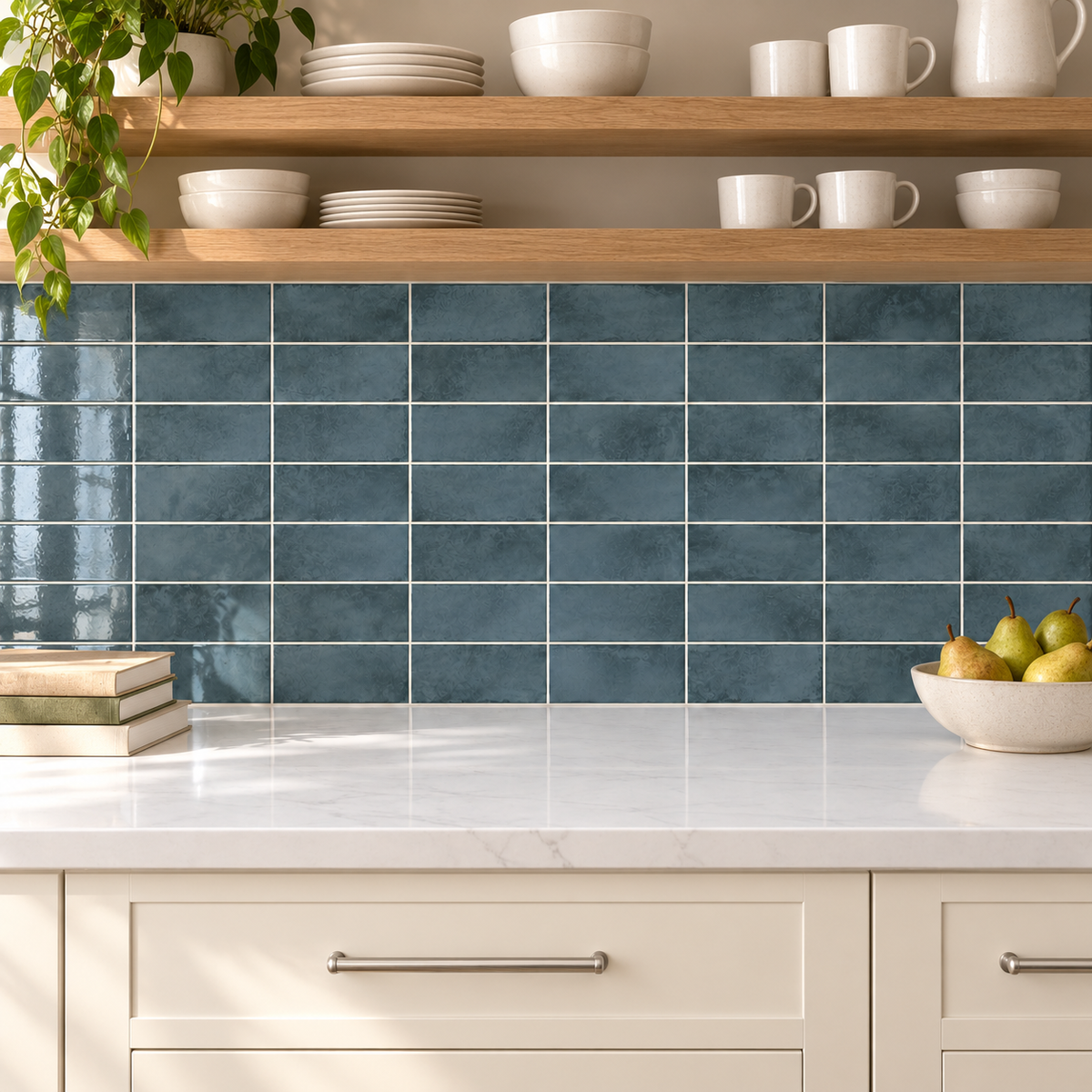 Genesis marine 3x6 ceramic tile — kitchen installation visualization