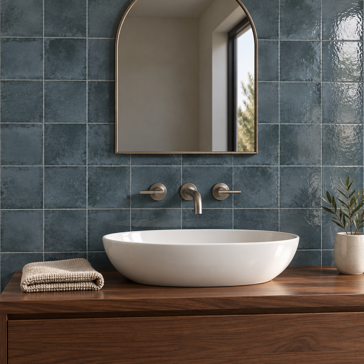 Genesis marine 4x4 glossy ceramic wall tile — AI-generated bathroom visualization