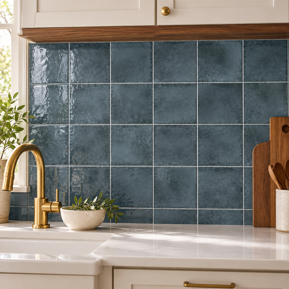 Genesis marine 4x4 glossy ceramic wall tile — AI-generated kitchen visualization