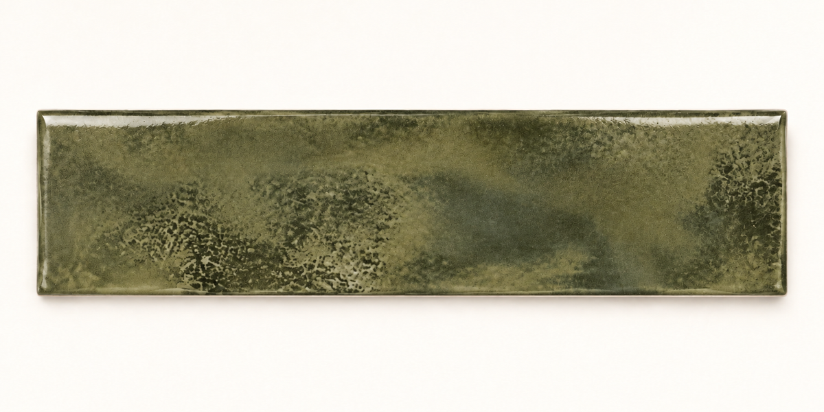 Genesis moss 3x12 glossy ceramic tile — single tile glaze detail visualization