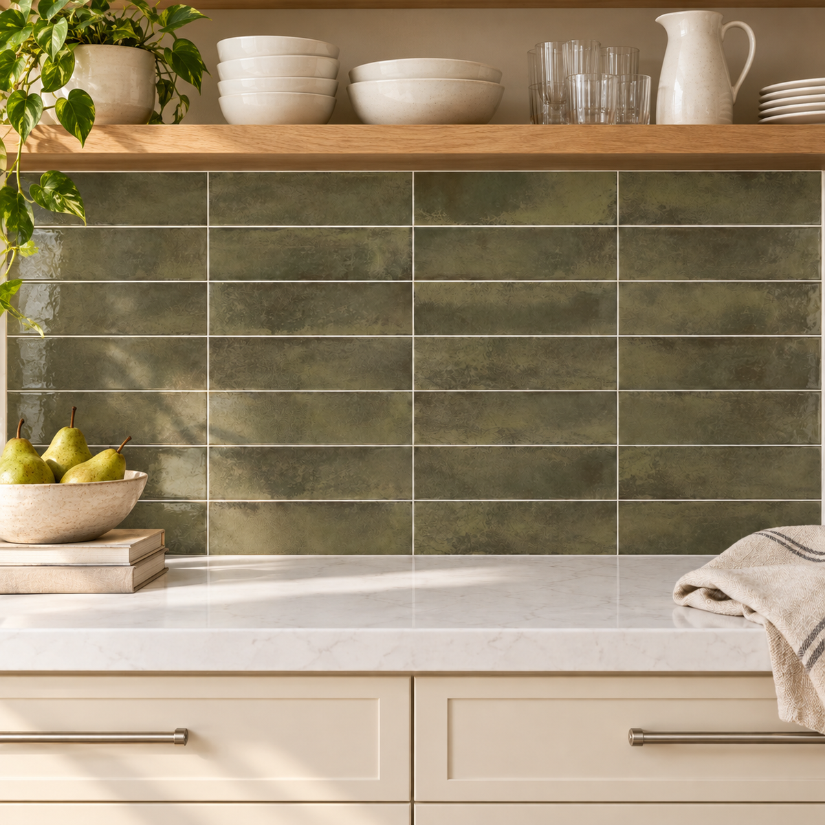 Genesis moss 3x12 glossy ceramic tile — kitchen installation visualization
