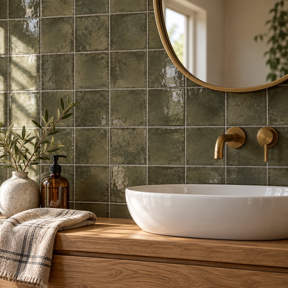 Genesis moss 4x4 glossy ceramic wall tile — AI-generated bathroom visualization