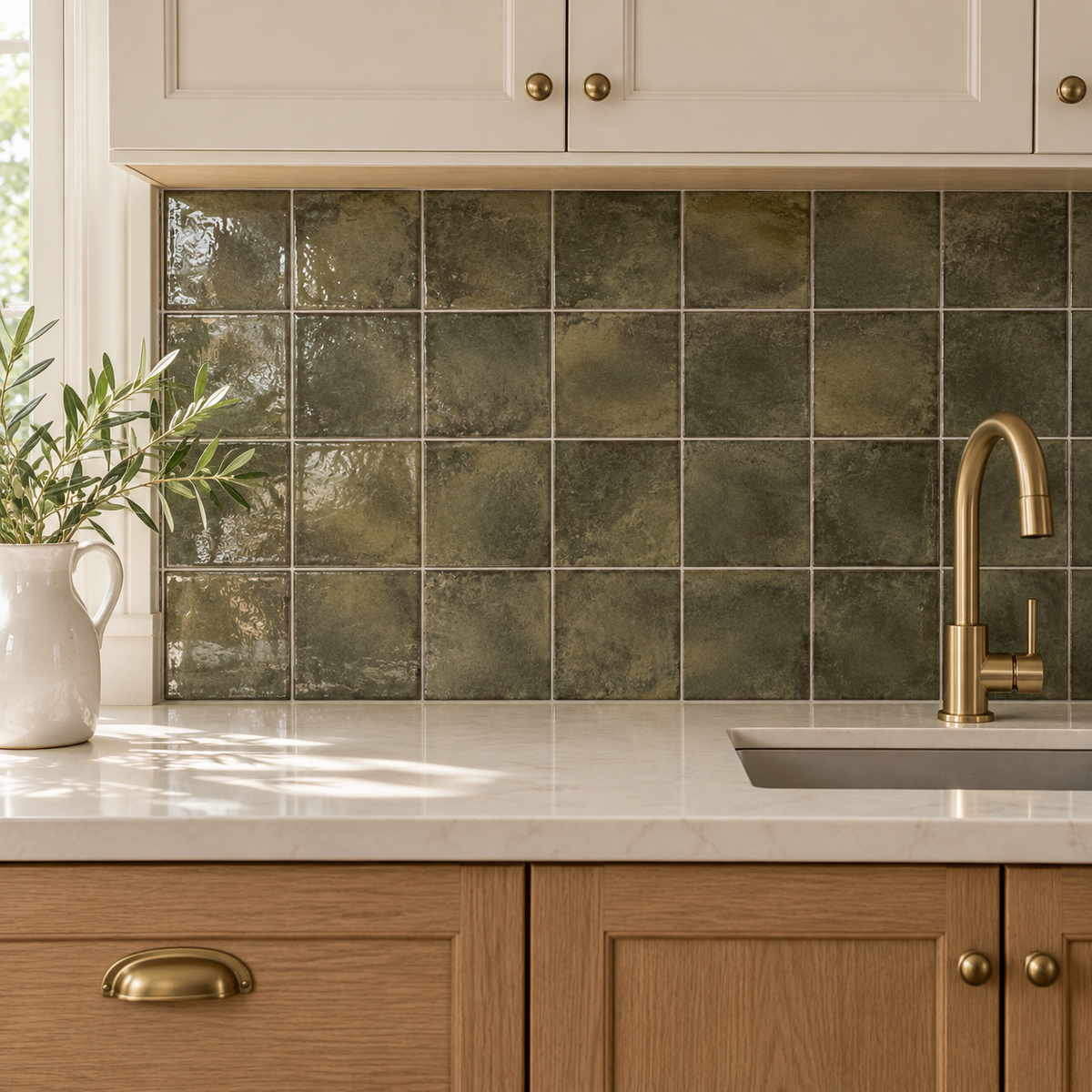 Genesis moss 4x4 glossy ceramic wall tile — AI-generated kitchen visualization