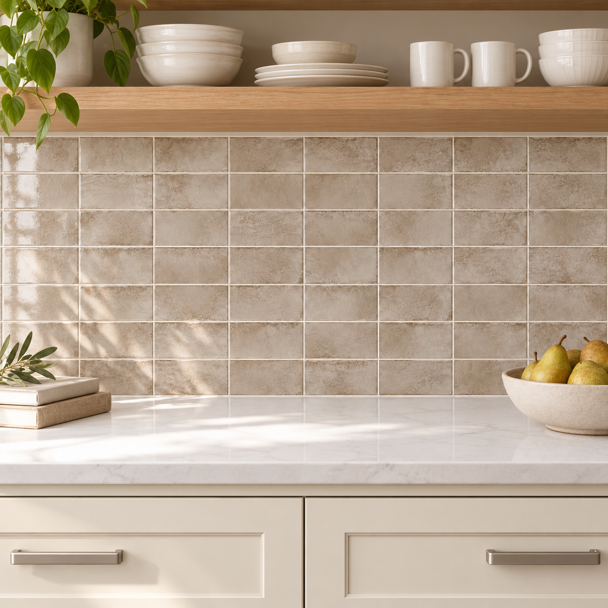 Genesis sandstone 3x6 ceramic tile — kitchen installation visualization
