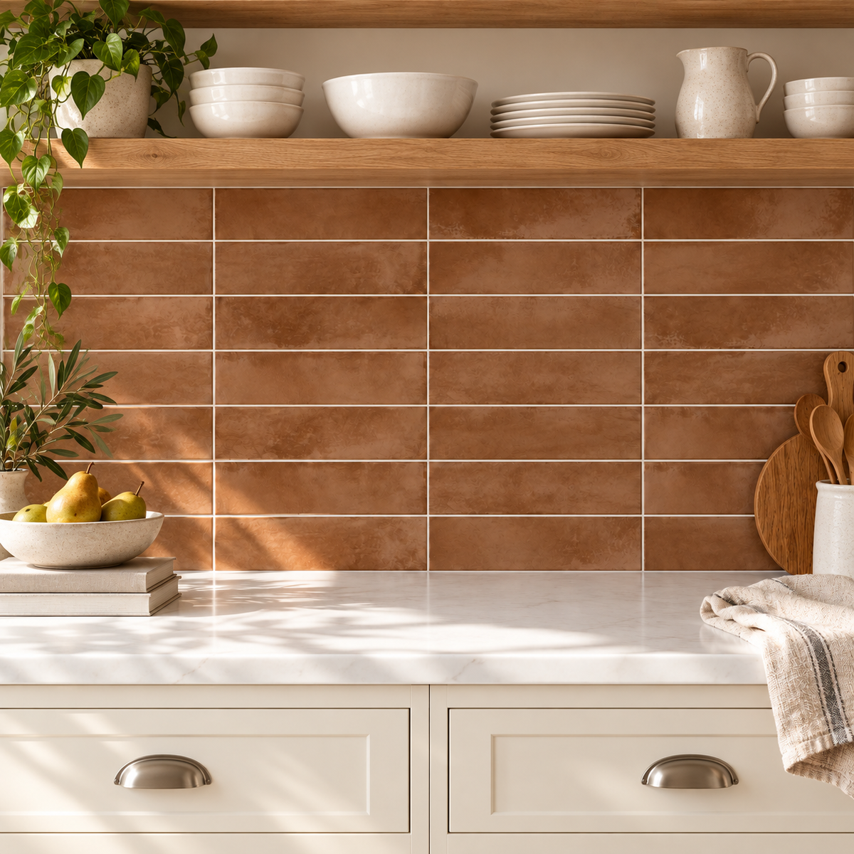 Genesis sunset 3x12 glossy ceramic tile — kitchen installation visualization