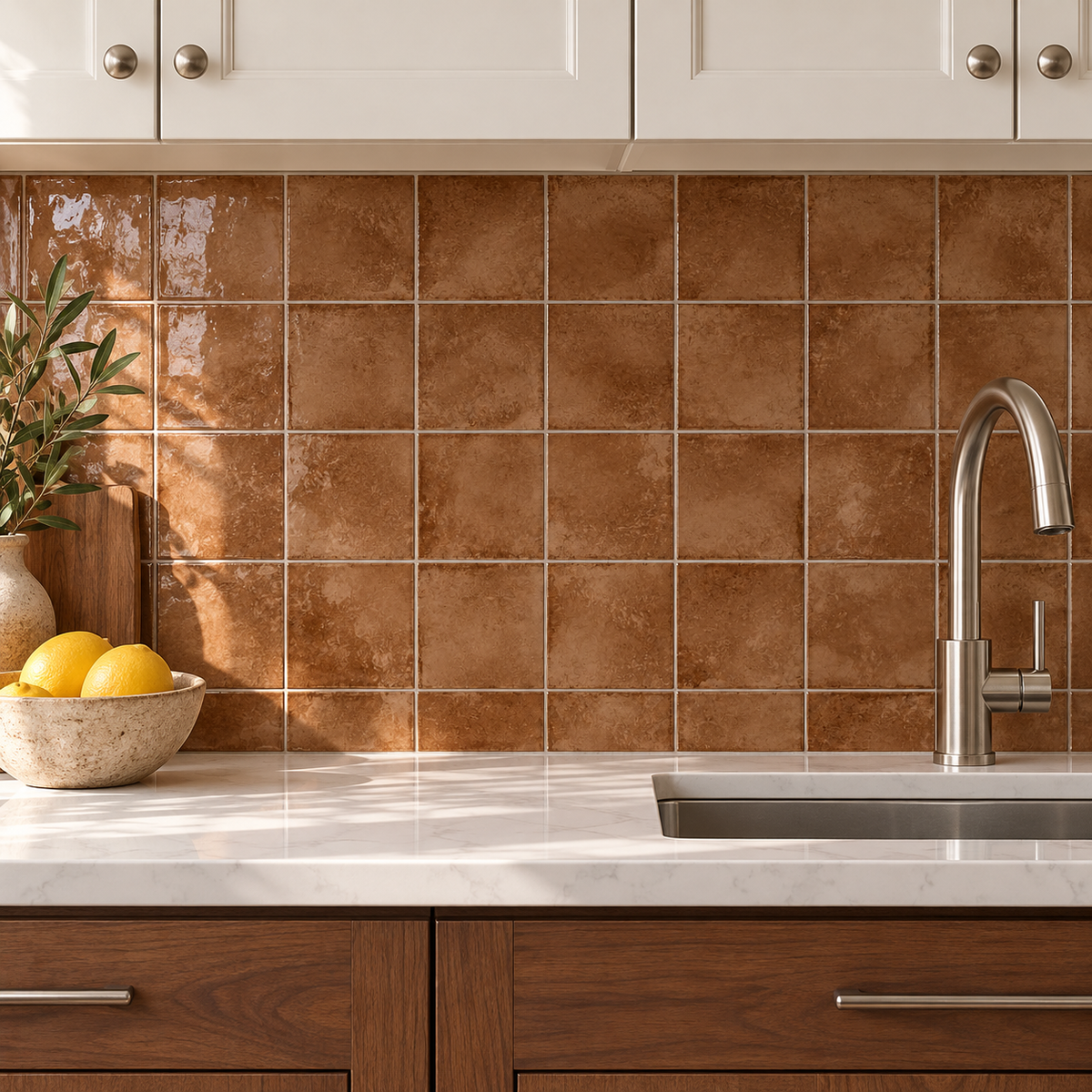 Genesis sunset 4x4 glossy ceramic wall tile — AI-generated kitchen visualization