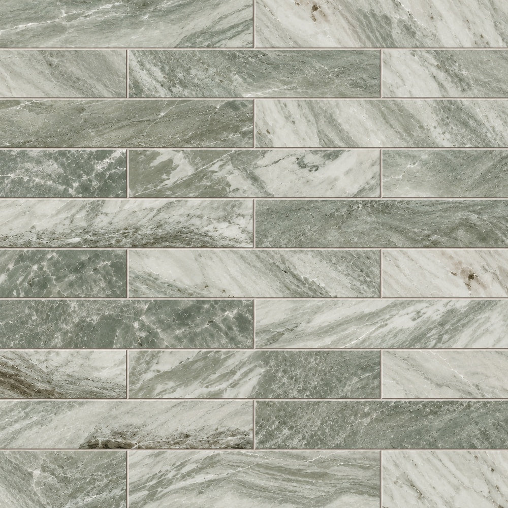 Glam Green Marble Brick 2x10 — installed close-up, half-offset running bond