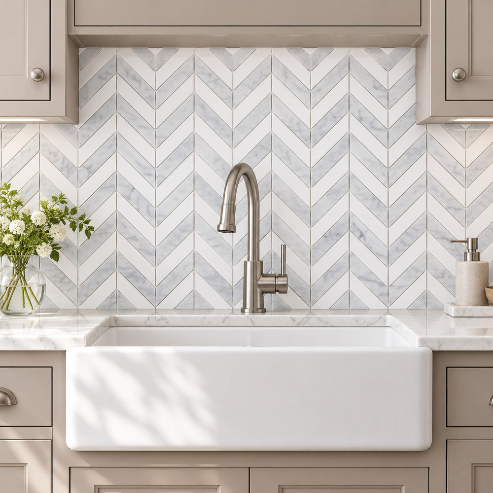 Glam Carrara White + Thassos 11x12 Glossy Chevron Marble Tile room scene