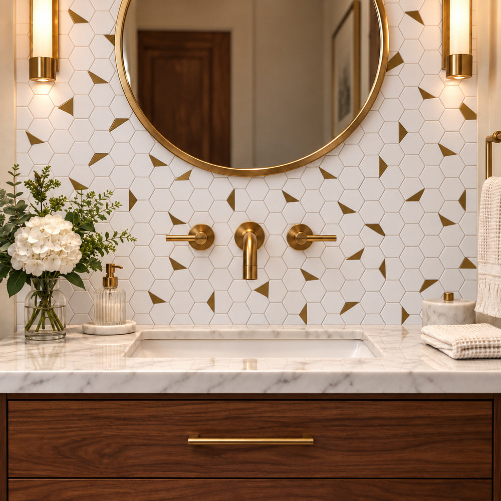 Glam Thassos White + Gold Brass 12x13 Glossy Hexagon Marble Tile room scene