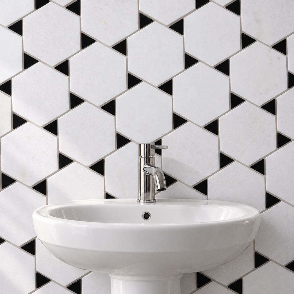 Glam Thassos White Hexy with Black Glossy 11x12 Marble Tile room scene