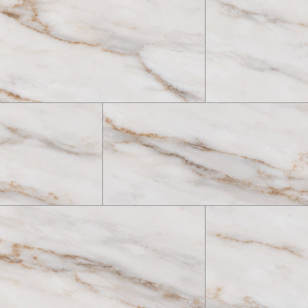 Gleamore Gold 12x24 R Polished/Matte Porcelain Tile large-format installed close-up