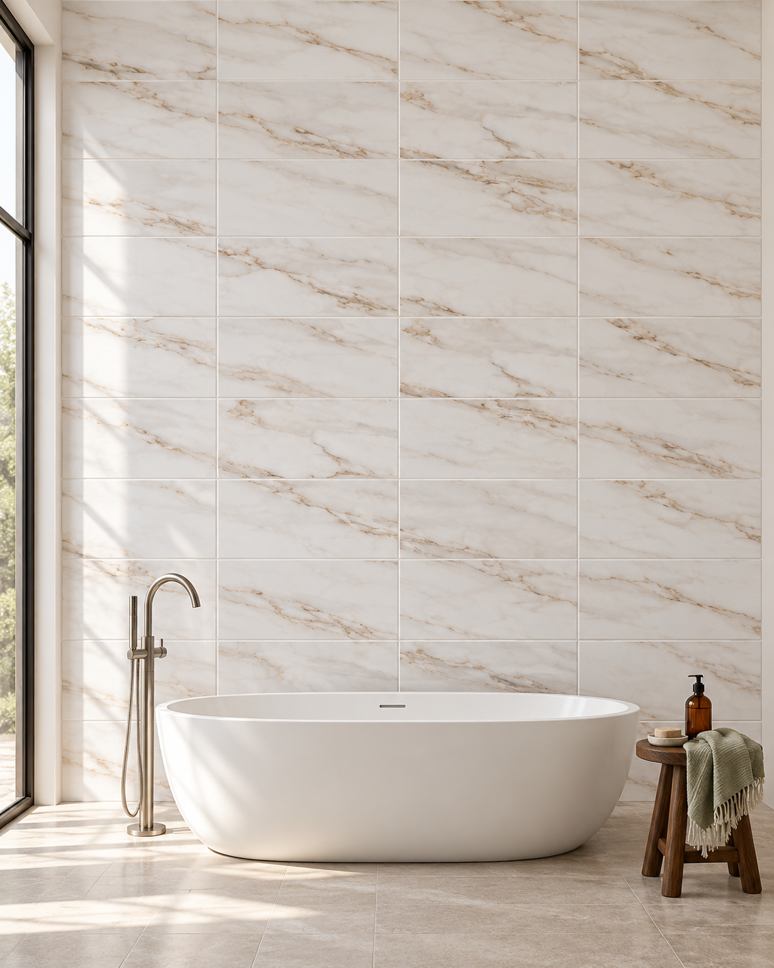 Gleamore Gold 12x24 porcelain tile — bathroom installation visualization
