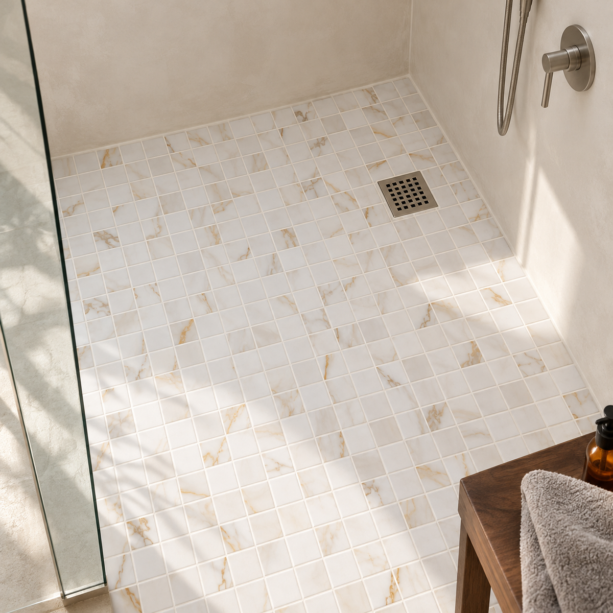 Gleamore Gold 13x13-mosaic porcelain tile — bathroom installation visualization