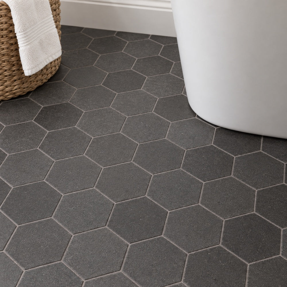 Hexalux Basalt 3x3 10.25x11.75 Honed Mosaic Tile room scene