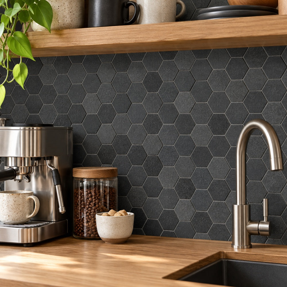 Hexalux Basalt 11.75x12 Mosaic Tile room scene