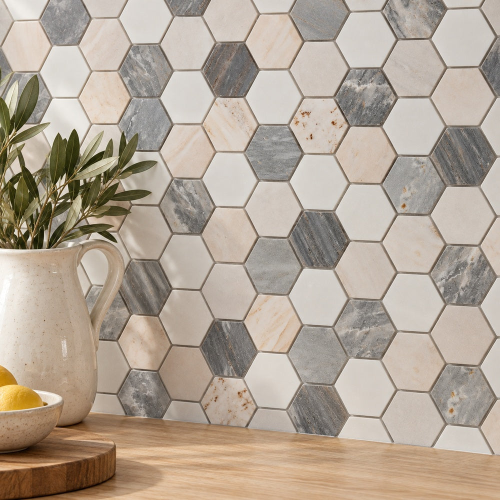 Hexalux Beach 2x2 11.75x12 Polished Mosaic Tile room scene