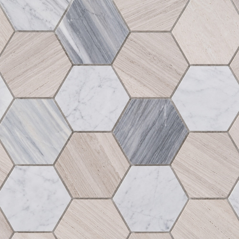 Hexalux Blue Large 10.75x12.5 Polished Mosaic Tile close-up